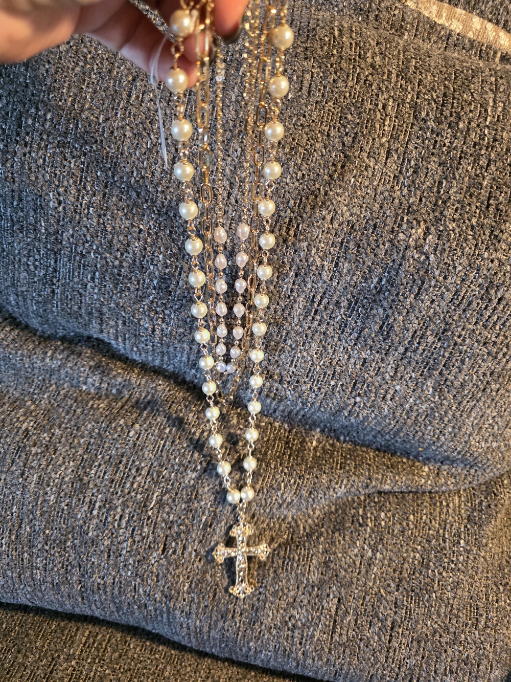 Park Lane Gold and Cream Pearl Rosary Necklace with Cross Pendant